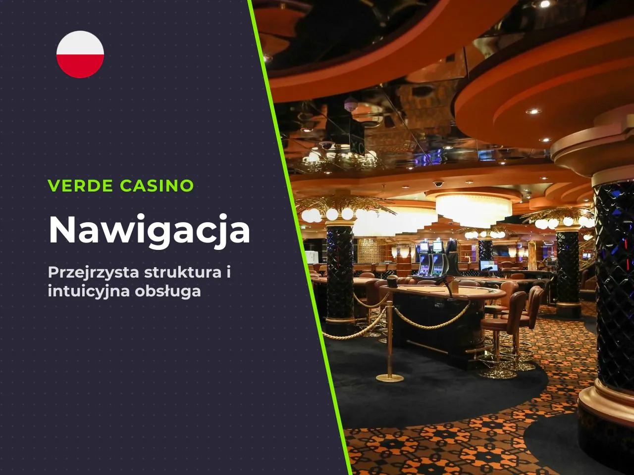 Układ strony i nawigacja. Strona Verde Casino jest zaprojektowana w zielono-białej kolorystyce. Na górze znajduje się menu główne z sekcjami: